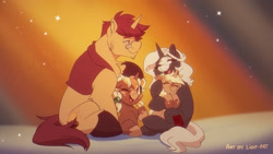 Size: 1920x1080 | Tagged: safe, artist:light262, imported from derpibooru, oc, oc:light.heart, oc:s.leech, pony, unicorn, an american tail, cuddling, cute, don bluth, father and child, father and daughter, female, hooves, horn, male, mother and child, mother and daughter, oc x oc, shipping, straight, unicorn oc