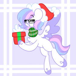 Size: 1280x1280 | Tagged: safe, artist:ladylullabystar, imported from derpibooru, oc, oc:lullaby star, pegasus, pony, chest fluff, christmas, female, glasses, hat, holiday, mare, present, santa hat, solo