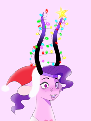 Size: 1486x1978 | Tagged: safe, artist:aztrial, imported from derpibooru, oc, oc only, oc:doodles, draconequus, christmas, christmas lights, cute, draconequus oc, female, hat, holiday, markings, open mouth, pink background, santa hat, simple background, solo