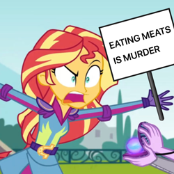 Size: 1280x1280 | Tagged: safe, imported from derpibooru, sunset shimmer, human, equestria girls, friendship games, angry, magic capture device, mouthpiece, op is a duck, open mouth, protest, protesting, retarded, shrunken pupils, sign, vegan, veganism