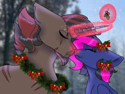 Size: 1600x1200 | Tagged: safe, artist:reatheblank, oc, oc:kai, oc:mistic spirit, cyborg, original species, pegasus, pony, unicorn, christmas, cybernetic wings, holiday, holly, holly mistaken for mistletoe, kissing, kissing under the mistletoe, mistletoe, outdoors, wings