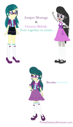 Size: 748x1298 | Tagged: safe, artist:prettycelestia, imported from twibooru, juniper montage, octavia melody, blue eyes, bowtie, bracelet, clothes, fusion, glasses, green hair, image, jacket, jewelry, png, ponytail