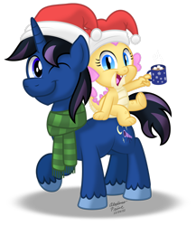 Size: 1920x2208 | Tagged: safe, artist:aleximusprime, imported from derpibooru, oc, oc:buttercream the dragon, oc:nightwatch, dragon, pony, unicorn, fanfic:my little sister is a dragon, flurry heart's story, baby, baby dragon, chocolate, christmas, clothes, dragon oc, dragoness, dragons riding ponies, duo, duo male and female, fangs, female, food, hat, holiday, horn, hot chocolate, looking at you, male, marshmallow, mug, non-pony oc, one eye closed, open mouth, open smile, riding, riding a pony, santa hat, scarf, simple background, smiling, stallion, transparent background, unicorn oc, unshorn fetlocks, wink, winking at you