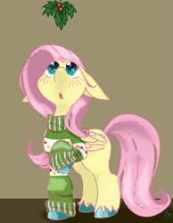 Size: 921x1185 | Tagged: safe, artist:pagophasia, derpibooru exclusive, imported from derpibooru, fluttershy, pegasus, pony, blushing, christmas, clothes, colored hooves, cute, eye reflection, female, full body, hearth's warming, holiday, holly, holly mistaken for mistletoe, impossibly long eyelashes, looking up, raised hoof, reflection, shyabetes, simple background, solo, surprised, sweater, sweatershy, unshorn fetlocks, wings