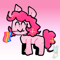Size: 768x768 | Tagged: safe, artist:omelettepony, pinkie pie, earth pony, pony, eyes closed, female, gradient background, mare, mouth hold, no muzzle, no nose, no snout, pansexual, pansexual pride flag, pride, pride flag, smiling, solo, sparkles