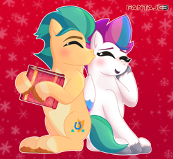 Size: 2342x2160 | Tagged: safe, artist:fantaje3, imported from derpibooru, hitch trailblazer, zipp storm, earth pony, pegasus, affection, album, blushing, christmas, duo, duo male and female, eyes closed, female, g5, hitchzipp, holiday, kissing, male, mare, sequins, shipping, smiling, snow, snowflake, stallion, straight