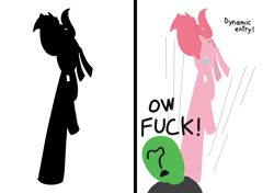 Size: 2910x2048 | Tagged: safe, artist:2merr, artist:omelettepony, pinkie pie, oc, oc:anon, earth pony, human, pony, both cutie marks, drawthread, dynamic entry, female, frown, kick, kicking, male, motion lines, narpnarp, open mouth, silhouette, simple background, smiling, vulgar, white background