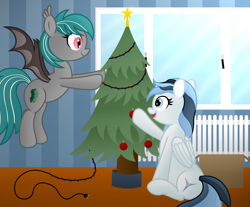 Size: 3636x3016 | Tagged: safe, artist:rainbowšpekgs, imported from derpibooru, oc, oc only, oc:haze northfleet, oc:malachite cluster, bat pony, pegasus, pony, bat pony oc, box, christmas, christmas lights, christmas tree, decorating, duo, flying, holiday, pegasus oc, radiator, sitting, smiling, tree, window