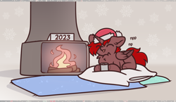 Size: 1600x925 | Tagged: safe, artist:mariashek, imported from derpibooru, oc, oc only, oc:hardy, alicorn, pony, :p, alicorn oc, chest fluff, christmas, cup, eyes closed, fireplace, hat, holiday, horn, pillow, purring, santa hat, solo, tongue out, translated in the description, wings