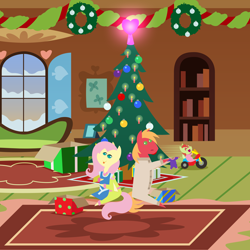 Size: 2880x2880 | Tagged: safe, anonymous artist, imported from derpibooru, big macintosh, fluttershy, oc, oc:late riser, earth pony, pegasus, pony, series:fm holidays, series:hearth's warming advent calendar 2022, advent calendar, baby, baby clothes, baby pony, bedroom eyes, big wheel, christmas, christmas tree, christmas wreath, clothes, colt, cute, dress, family, female, fluttermac, fluttershy's cottage, foal, footed sleeper, footie pajamas, garland, high res, hinting, holiday, lineless, long underwear, looking at each other, looking at someone, looking back, male, mare, ocbetes, offspring, onesie, open mouth, open smile, pajamas, parent:big macintosh, parent:fluttershy, parents:fluttermac, pointy ponies, present, shipping, sitting, smiling, stallion, straight, tongue out, tree, tricycle, trio, wreath