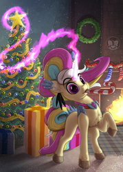 Size: 1250x1750 | Tagged: safe, artist:calena, imported from derpibooru, oc, oc only, oc:trinity deblanc (new), pony, unicorn, 2022, candy, candy cane, christmas, christmas lights, christmas tree, christmas wreath, crystal, cute, fire, fireplace, food, garland, glowing, glowing horn, holiday, horn, jewelry, looking at you, magic, magic aura, male, multicolored hair, necklace, pink eyes, present, solo, telekinesis, tree, wreath