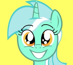 Size: 673x603 | Tagged: safe, artist:ponywarlord777, imported from derpibooru, lyra heartstrings, pony, unicorn, bust, grin, happy, looking at you, portrait, simple background, smiling, solo, yellow background