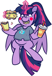 Size: 4903x7119 | Tagged: safe, artist:threetwotwo32232, imported from derpibooru, dj pon-3, twilight sparkle, vinyl scratch, alicorn, pony, a trivial pursuit, blush sticker, blushing, burger, chubby, chubby twilight, female, food, french fries, glowing, glowing horn, hay burger, hay fries, horn, ketchup, levitation, magic, magic aura, mare, sauce, simple background, spread wings, telekinesis, transparent background, twilight burgkle, twilight sparkle (alicorn), weight gain, wings