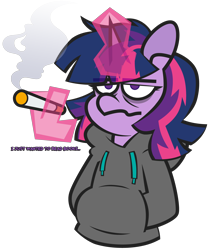 Size: 4268x5115 | Tagged: safe, artist:threetwotwo32232, imported from derpibooru, twilight sparkle, alicorn, pony, cigarette, clothes, female, glowing, glowing horn, horn, magic, magic aura, mare, simple background, smoking, solo, sweater, telekinesis, transparent background