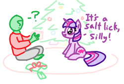 Size: 726x493 | Tagged: safe, artist:purblehoers, imported from derpibooru, twilight sparkle, oc, oc:anon, pony, unicorn, christmas, christmas gift, christmas tree, food, holiday, horses doing horse things, ms paint, salt, salt lick, sitting, smiling, text, tree, unicorn twilight