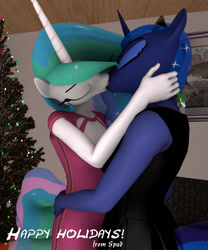Size: 899x1080 | Tagged: safe, artist:spud, imported from derpibooru, princess celestia, princess luna, anthro, 3d, butt touch, christmas, christmas tree, duo, female, holiday, incest, kiss on the lips, kissing, lesbian, mistletoe, princest, royal sisters, shipping, siblings, sisters, source filmmaker, tree, wingless alicorn