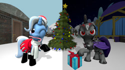 Size: 640x360 | Tagged: safe, artist:ask-the-luna-knight, imported from derpibooru, trixie, oc, bat pony, pony, unicorn, 3d, candy, candy cane, christmas, christmas tree, female, food, holiday, mare, present, source filmmaker, stage, tree
