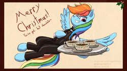 Size: 5000x2813 | Tagged: safe, artist:sugardotxtra, imported from derpibooru, rainbow dash, pegasus, bowtie, chocolate, christmas, christmas card, clothes, food, holiday, holly, hot chocolate, looking at you, suit