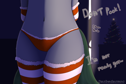 Size: 3072x2048 | Tagged: safe, alternate version, artist:darbedarmoc, imported from derpibooru, oc, oc:minerva, anthro, arm behind back, christmas, christmas lights, christmas stocking, christmas tree, clothes, holiday, legs together, panties, peeking, socks, solo, standing, striped socks, tail, tree, underwear