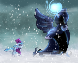 Size: 2515x2048 | Tagged: safe, artist:bluemoon, imported from derpibooru, princess luna, snowfall frost, spirit of hearth's warming yet to come, alicorn, pony, unicorn, a hearth's warming tail, duo, magic, not starlight glimmer, snow, snowfall