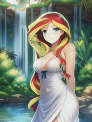 Size: 512x682 | Tagged: safe, editor:sammykun, imported from derpibooru, sunset shimmer, human, absolute cleavage, ai content, ai generated, bare shoulders, breasts, busty sunset shimmer, cleavage, clothes, female, generator:novelai, generator:stable diffusion, humanized, jungle, lake, looking at you, sleeveless, solo, tropical, water, waterfall, wet, wet clothes, wet dress, white dress