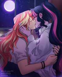 Size: 1280x1591 | Tagged: safe, artist:hiru3152, artist:lzjian79, imported from derpibooru, sci-twi, sunset shimmer, twilight sparkle, human, equestria girls, blushing, bracelet, clothes, collaboration, deep kissing, duo, female, french kiss, glasses, jewelry, kissing, lesbian, moon, nail polish, scitwishimmer, shipping, shirt, sunsetsparkle