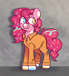 Size: 1000x1105 | Tagged: safe, artist:cometiny, imported from derpibooru, pinkie pie, earth pony, pony, alternate hairstyle, clothes, heterochromia, never doubt rainbowdash69's involvement, prison outfit, prisoner pp, solo