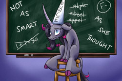Size: 1800x1200 | Tagged: safe, artist:redahfuhrerking, imported from derpibooru, classical unicorn, unicorn, them's fightin' herds, chalkboard, cloven hooves, community related, dunce hat, hat, leonine tail, oleander (tfh), solo, stool, unshorn fetlocks