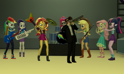 Size: 5120x3072 | Tagged: safe, artist:n3onh100, imported from derpibooru, applejack, fluttershy, pinkie pie, rainbow dash, rarity, sci-twi, sunset shimmer, twilight sparkle, human, equestria girls, 3d, bass guitar, drums, gmod, guitar, humane five, humane seven, humane six, keytar, musical instrument, rage, tambourine, the rainbooms, trombone