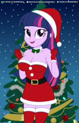 Size: 3848x6024 | Tagged: safe, artist:alandssparkle, imported from derpibooru, twilight sparkle, human, equestria girls, adorasexy, bare shoulders, breasts, busty twilight sparkle, christmas, christmas tree, cleavage, clothes, costume, cute, female, gloves, hat, holiday, looking at you, open mouth, open smile, santa costume, santa hat, sexy, sexy santa costume, sleeveless, smiling, socks, solo, strapless, thigh highs, tree, twilight sparkle (alicorn)