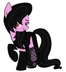 Size: 1730x1900 | Tagged: safe, artist:panzerbutt, imported from derpibooru, oc, oc only, oc:fraulina, earth pony, pony, derpibooru community collaboration, 2023 community collab, black clothes, black dress, black mane, clothes, dress, female, fishnets, gloves, horseshoes, long mane, long tail, mare, purple coat, raised hoof, red eyes, simple background, socks, solo, sparkling dress, stockings, tail, thigh highs, transparent background