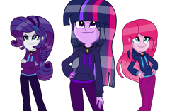 Size: 1700x1062 | Tagged: safe, alternate version, artist:kingbases, artist:speedpaintjayvee12, imported from derpibooru, pinkie pie, rarity, twilight sparkle, human, equestria girls, alternate clothes, alternate hairstyle, base used, clothes, crossed arms, eyelashes, eyeshadow, female, gem, hand on hip, hoodie, makeup, pinkamena diane pie, role reversal, simple background, siren gem, the dazzlings, transparent background, trio, trio female