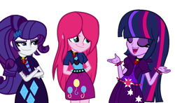 Size: 1123x661 | Tagged: safe, alternate version, artist:kingbases, artist:speedpaintjayvee12, imported from derpibooru, pinkie pie, rarity, twilight sparkle, human, equestria girls, alternate clothes, alternate hairstyle, base used, clothes, crossed arms, cutie mark on clothes, eyelashes, eyes closed, eyeshadow, female, gem, hand behind back, makeup, pinkamena diane pie, role reversal, simple background, siren gem, spiked belt, spiked wristband, the dazzlings, trio, trio female, wristband