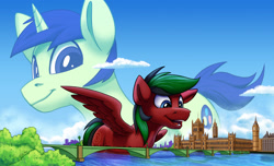 Size: 2000x1214 | Tagged: safe, artist:tsitra360, imported from derpibooru, oc, oc only, oc:crimson fall, oc:kosmos, pegasus, pony, unicorn, big ben, bridge, city, commission, giant pony, london, macro, male, open mouth, palace, palace of westminster, river, size difference, spread wings, stallion, water, wings