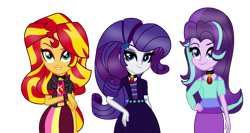 Size: 1635x870 | Tagged: safe, alternate version, artist:kingbases, artist:speedpaintjayvee12, imported from derpibooru, rarity, starlight glimmer, sunset shimmer, human, equestria girls, alternate clothes, alternate hairstyle, base used, clothes, cutie mark on clothes, eyelashes, eyeshadow, female, gem, makeup, role reversal, simple background, siren gem, the dazzlings, transparent background, trio, trio female