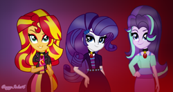 Size: 1635x870 | Tagged: safe, alternate version, artist:kingbases, artist:speedpaintjayvee12, imported from derpibooru, rarity, starlight glimmer, sunset shimmer, human, equestria girls, alternate clothes, alternate hairstyle, base used, clothes, cutie mark on clothes, eyelashes, eyeshadow, female, gem, hand on hip, makeup, role reversal, siren gem, the dazzlings, trio, trio female