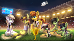 Size: 5000x2800 | Tagged: safe, artist:atlas-66, imported from derpibooru, oc, oc:aryanne, oc:filly anon, oc:fireaxe, oc:leslie fair, oc:syriana, snake, /mlpol/, female, filly, football, nation ponies, nazi, nazipone, sports, swastika, syria