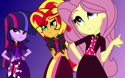 Size: 1153x720 | Tagged: safe, alternate version, artist:dothys-bases, artist:speedpaintjayvee12, imported from derpibooru, fluttershy, sunset shimmer, twilight sparkle, human, equestria girls, alternate clothes, alternate hairstyle, base used, clothes, crossed arms, cutie mark on clothes, eyeshadow, female, gem, hand on hip, makeup, role reversal, siren gem, the dazzlings, trio, trio female