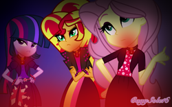 Size: 1153x720 | Tagged: safe, alternate version, artist:dothys-bases, artist:speedpaintjayvee12, imported from derpibooru, fluttershy, sunset shimmer, twilight sparkle, human, equestria girls, alternate clothes, alternate hairstyle, base used, clothes, crossed arms, cutie mark on clothes, female, gem, glowing, hand on hip, role reversal, siren gem, the dazzlings, trio, trio female