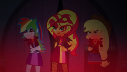 Size: 1383x791 | Tagged: safe, alternate version, artist:kingbases, artist:speedpaintjayvee12, imported from derpibooru, applejack, rainbow dash, sunset shimmer, human, equestria girls, alternate clothes, alternate hairstyle, applejack's hat, base used, clothes, cowboy hat, crossed arms, cutie mark on clothes, eyeshadow, female, gem, glowing, hand behind back, hand on hip, hat, makeup, role reversal, siren gem, the dazzlings, trio, trio female