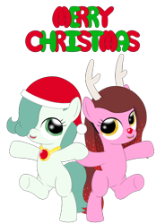Size: 2100x2850 | Tagged: safe, artist:tenebris, imported from derpibooru, oc, oc only, oc:cherry bottom, oc:emerald jewel, earth pony, pony, colt quest, antlers, christmas, colt, earth pony oc, femboy, foal, hat, holiday, male, merry christmas, santa hat, simple background, transparent background