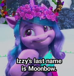 Size: 1058x1080 | Tagged: safe, edit, edited screencap, imported from derpibooru, screencap, izzy moonbow, pony, unicorn, spoiler:g5, spoiler:winter wishday, 3d, captain obvious, clothes, fake antlers, female, floral head wreath, flower, g5, grin, mare, my little pony: make your mark, my little pony: make your mark chapter 3, scarf, smiling, snow, solo, truth, winter outfit, winter wishday, yes, you don't say