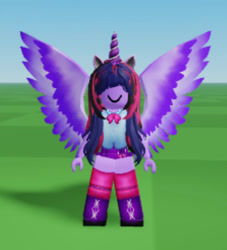 Size: 447x492 | Tagged: safe, imported from derpibooru, twilight sparkle, alicorn, equestria girls, catalog avatar creator, grass, horn, large wings, roblox, sky, smiling, twilight sparkle (alicorn), wings