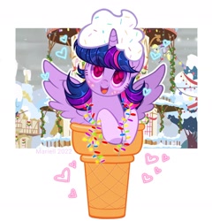 Size: 1887x1965 | Tagged: safe, artist:twilightbaby2020, imported from derpibooru, derpy hooves, twilight sparkle, alicorn, pony, base used, christmas, christmas lights, colored pupils, cute, female, food, holiday, ice cream, ice cream cone, mare, open mouth, open smile, ponies in food, smiling, solo focus, spread wings, twiabetes, twilight sparkle (alicorn), wings