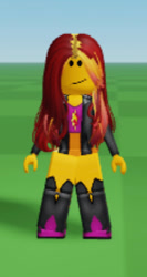 Size: 236x443 | Tagged: safe, imported from derpibooru, sunset shimmer, equestria girls, catalog avatar creator, grass, horn, roblox, sky, smiling
