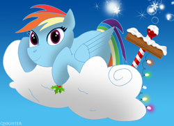 Size: 2050x1487 | Tagged: safe, artist:qnighter, imported from derpibooru, rainbow dash, pegasus, pony, blue sky, christmas, cloud, female, hearth's warming eve, holiday, holly, hoof hold, lights, looking at you, lying down, lying on a cloud, mare, merry christmas, on a cloud, sky, snow, snowflake, solo