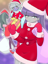 Size: 1668x2224 | Tagged: safe, artist:batipin, imported from derpibooru, limestone pie, marble pie, maud pie, human, equestria girls, breasts, busty maud pie, christmas, clothes, costume, equestria girls-ified, female, gloves, hat, holiday, santa costume, santa hat