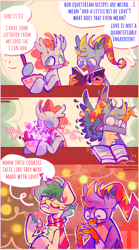 Size: 1116x2010 | Tagged: safe, artist:sockiepuppetry, imported from derpibooru, gallus, ocellus, sandbar, changedling, changeling, earth pony, griffon, pony, 3 panel comic, baking, book, bowl, christmas changeling, clothes, comic, cookie, dialogue, faic, female, food, love, male, pudding face, scarf, speech bubble, spread wings, trio, vomit, wings