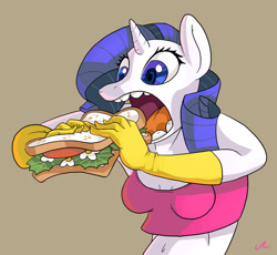 Size: 1024x942 | Tagged: safe, artist:docwario, imported from derpibooru, rarity, anthro, unicorn, clothes, daisy sandwich, evening gloves, food, gloves, long gloves, majestic as fuck, midriff, open mouth, sandwich, solo, tanktop, wat