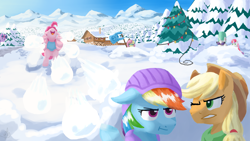 Size: 3840x2160 | Tagged: safe, artist:swordsmen, imported from derpibooru, applejack, fluttershy, pinkie pie, rainbow dash, rarity, sweetie belle, twilight sparkle, earth pony, pegasus, pony, unicorn, alps, christmas, christmas tree, clothes, flag, forest, holiday, house, houses, mountain, mountain range, pine tree, snow, snow fort, snowball, snowball fight, surrender, tree, winter